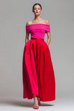 Off the Shoulder Fuchsia and Red A Line Color Block Midi Formal Dress