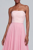 Pink Strapless A Line Ruched Long Formal Dress