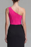 Fuchsia and Black One Shoulder Corset Mermaid Long Formal Dress with Slit