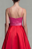 Fuchsia and Red A Line Satin Spaghetti Straps Midi Formal Dress with Bow