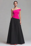 Fuchsia and Black One Shoulder A Line Long Formal Dress