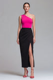 One Shoulder Fuchsia and Black Sheath Midi Formal Dress with Slit