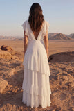 Ivory V-Neck A Line Long Beach Wedding Dress with Ruffles
