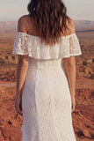 Floral Ivory Mermaid Long Boho Wedding Dress with Ruffles