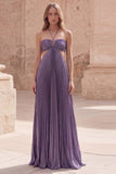 Purple A-Line Halter Ruched Hollow Out Long Ball Dress