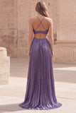 Purple A-Line Halter Ruched Hollow Out Long Ball Dress