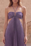 Purple A-Line Halter Ruched Hollow Out Long Ball Dress