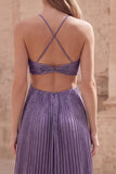 Purple A-Line Halter Ruched Hollow Out Long Ball Dress