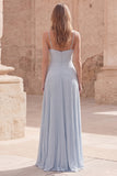 Sky Blue A-Line Spaghetti Straps Pleated Long Ball Dress