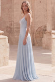 Sky Blue A-Line Spaghetti Straps Pleated Long Ball Dress