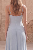Sky Blue A-Line Spaghetti Straps Pleated Long Ball Dress