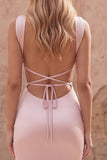 Pink Mermaid Satin Long Formal Dress with Lace-up Back