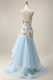 Light Blue Sequin Mermaid Ruffled Mother Of the Bride Dress