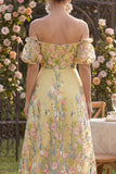 Off the Shoulder A-Line Yellow Tulle Embroidered Floral Dress with Puff Sleeves