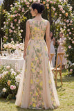 Champagne A-Line Tulle Bateau Neck Embroidered Long Floral Dress