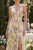 Mermaid Tulle Champagne Embroidered Long Floral Dress with Slit