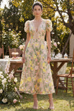 Champagne Tulle A-Line Embroidered V-Neck Floral Midi Dress with Puff Sleeves