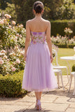 Strapless Lilac Tulle A-Line Embroidered Floral Midi Dress