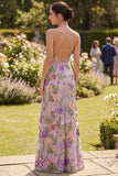 Mermaid Lilac Halter Neck Tulle Embroidered Long Floral Dress with Slit