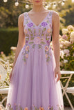 Lilac Tulle A-Line Embroidered V-Neck Midi Floral Dress