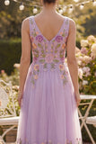Lilac Tulle A-Line Embroidered V-Neck Midi Floral Dress