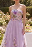 Lilac Strapless Tulle A-Line Embroidered Long Floral Dress