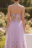 Lilac Strapless Tulle A-Line Embroidered Long Floral Dress