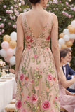 Tulle A-Line Blush V-Neck Embroidered Floral Midi Dress