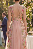 A-Line Tulle V-Neck Blush Embroidered Midi Floral Dress