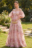 Off the Shoulder Pink Fuchsia A-Line Tulle Appliqued Long Floral Dress with Puff Sleeves