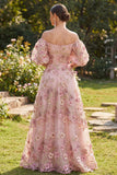 Off the Shoulder Pink Fuchsia A-Line Tulle Appliqued Long Floral Dress with Puff Sleeves