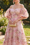 Off the Shoulder Pink Fuchsia A-Line Tulle Appliqued Long Floral Dress with Puff Sleeves