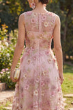 A-Line Tulle Pink Fuchsia V-Neck Appliqued Floral Midi Dress