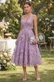 A-Line Tulle Lilac V-Neck Appliqued Beaded Floral Midi Dress