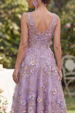 A-Line Tulle Lilac V-Neck Appliqued Beaded Floral Midi Dress