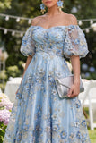 Off the Shoulder A-Line Tulle Blue Appliqued Ruched Beaded Floral Midi Dress