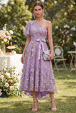 Tulle Lilac A-Line One Shoulder Appliqued Beaded Midi Floral Dress with Bow