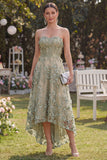 Dusty Green A-Line Tulle Appliqued Beaded Corset Midi Floral Dress