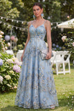 Blue A-Line Tulle Appliqued Beaded Ruched Long Floral Dress
