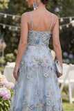 Blue A-Line Tulle Appliqued Beaded Ruched Long Floral Dress
