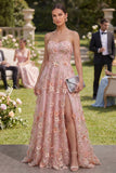 Sweetheart Pink Orange A-Line Tulle Appliqued Beaded Long Floral Dress with Slit