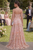 Sweetheart Pink Orange A-Line Tulle Appliqued Beaded Long Floral Dress with Slit