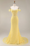 Lace Off the Shoulder Mermaid Corset Yellow Long Ball Dress
