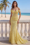 Lace Off the Shoulder Mermaid Corset Yellow Long Ball Dress
