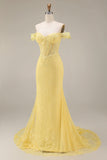 Lace Off the Shoulder Mermaid Corset Yellow Long Ball Dress
