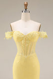 Lace Off the Shoulder Mermaid Corset Yellow Long Ball Dress