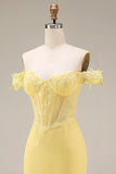 Lace Off the Shoulder Mermaid Corset Yellow Long Ball Dress