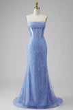 Satin Mermaid Blue Strapless Pearl Embellished Corset Long Ball Dress with Beading