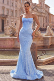 Satin Mermaid Blue Strapless Pearl Embellished Corset Long Ball Dress with Beading