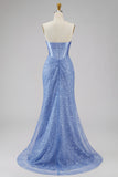 Satin Mermaid Blue Strapless Pearl Embellished Corset Long Ball Dress with Beading